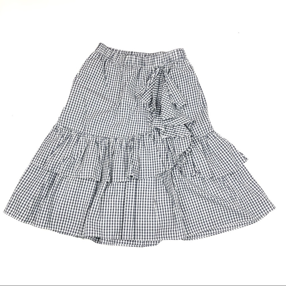 Blue White Gingham Ruffle Asymmetrical Skirt
